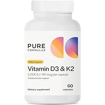 PureFormulas Vitamin D3 K2 Supplement, 5000 Iu Vitamin D3 and 90 mcg Vitamin K2, Supports Bone Strength, Calcium Balance, Heart Health, Gluten-Free & Non-GMO, 60 Capsules for Optimal Wellness